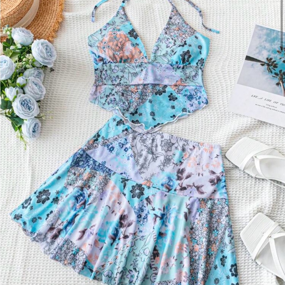 Floral Blue and Pink Two-Piece Set